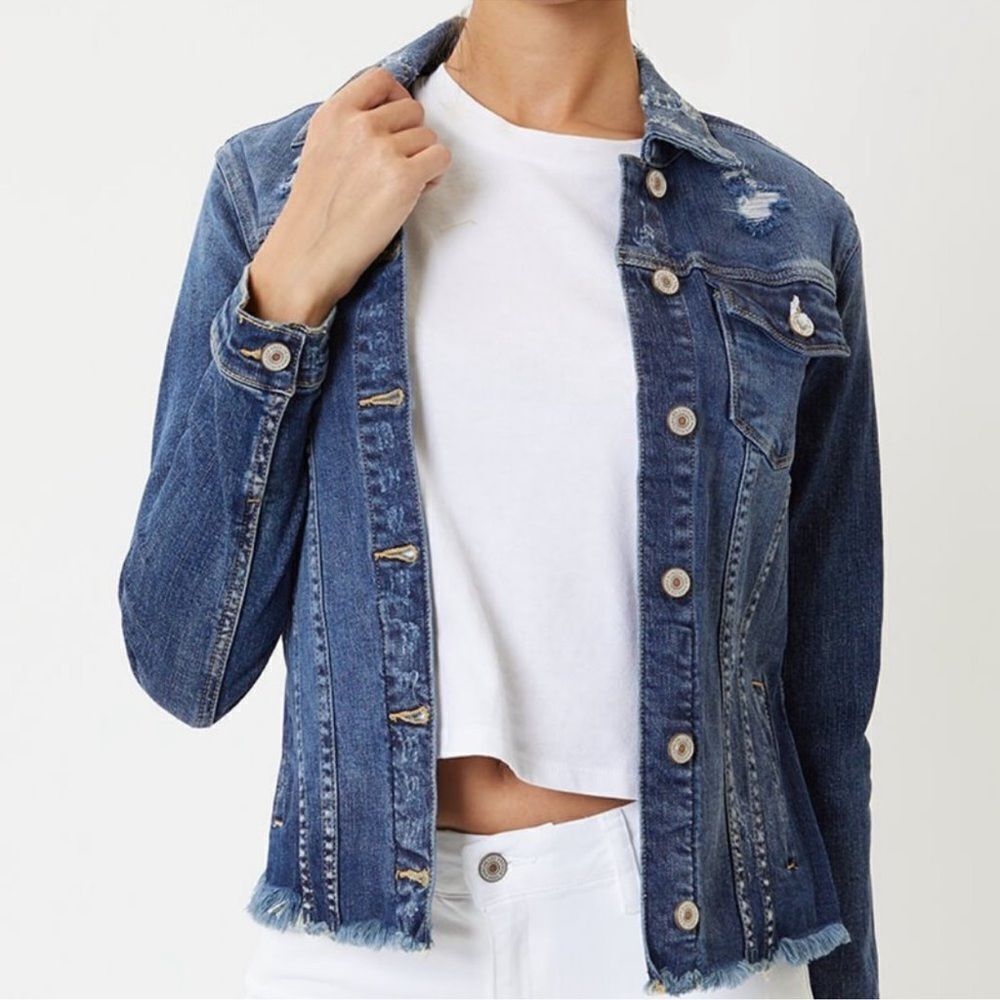 KANCAN DISTRESSED FRAYED DENIM JEAN JACKET